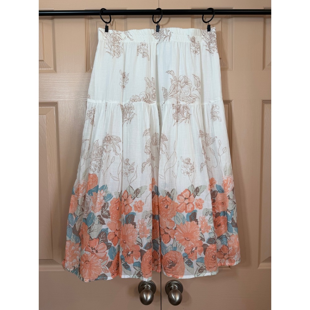 Cottagecore Tiered Floral Maxi Skirt Cotton Boho Peach Sage Large Petite LP